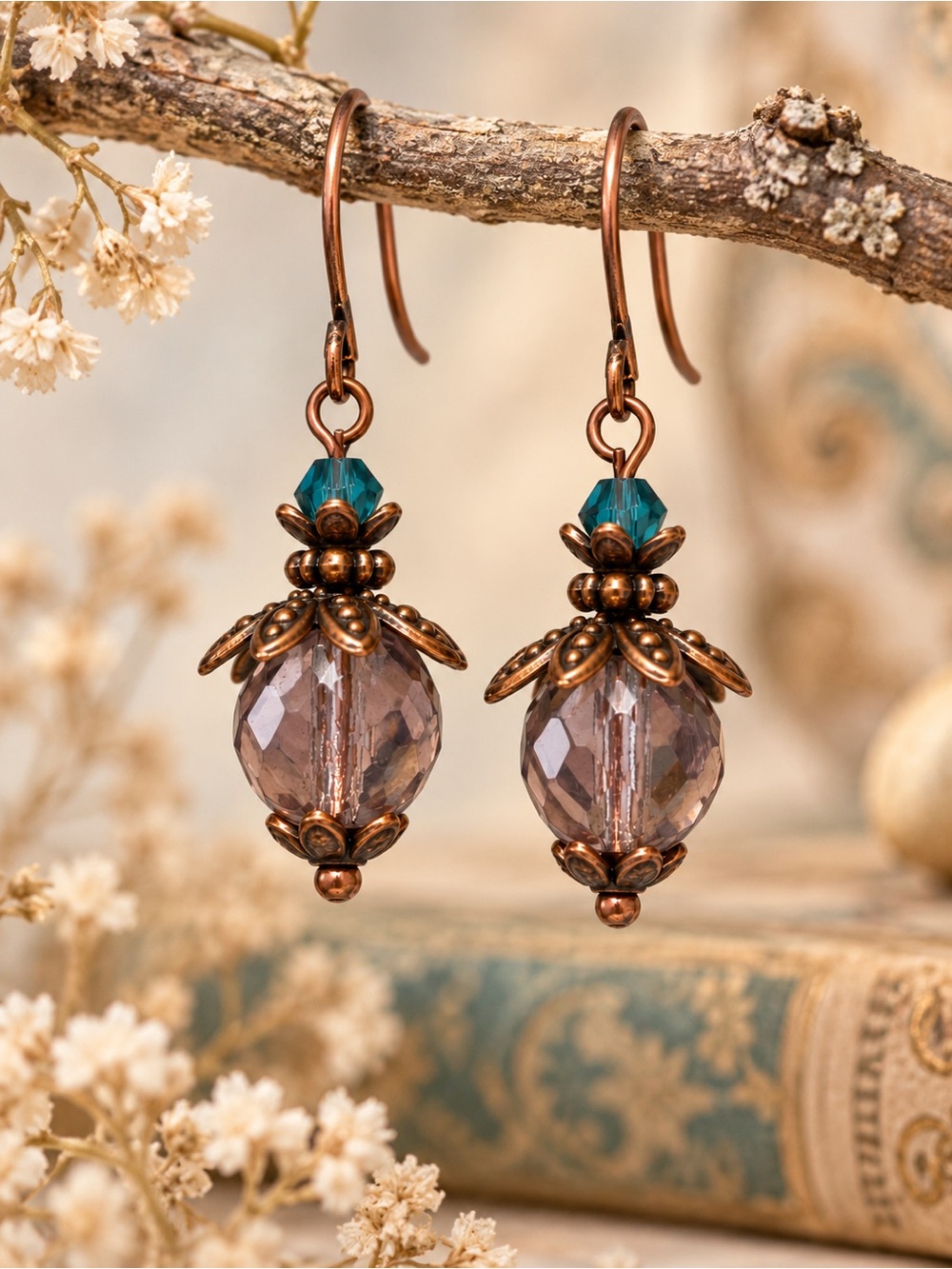 Smoky Mauve Czech Glass Earrings, Teal Crystal Antique Copper Dangles